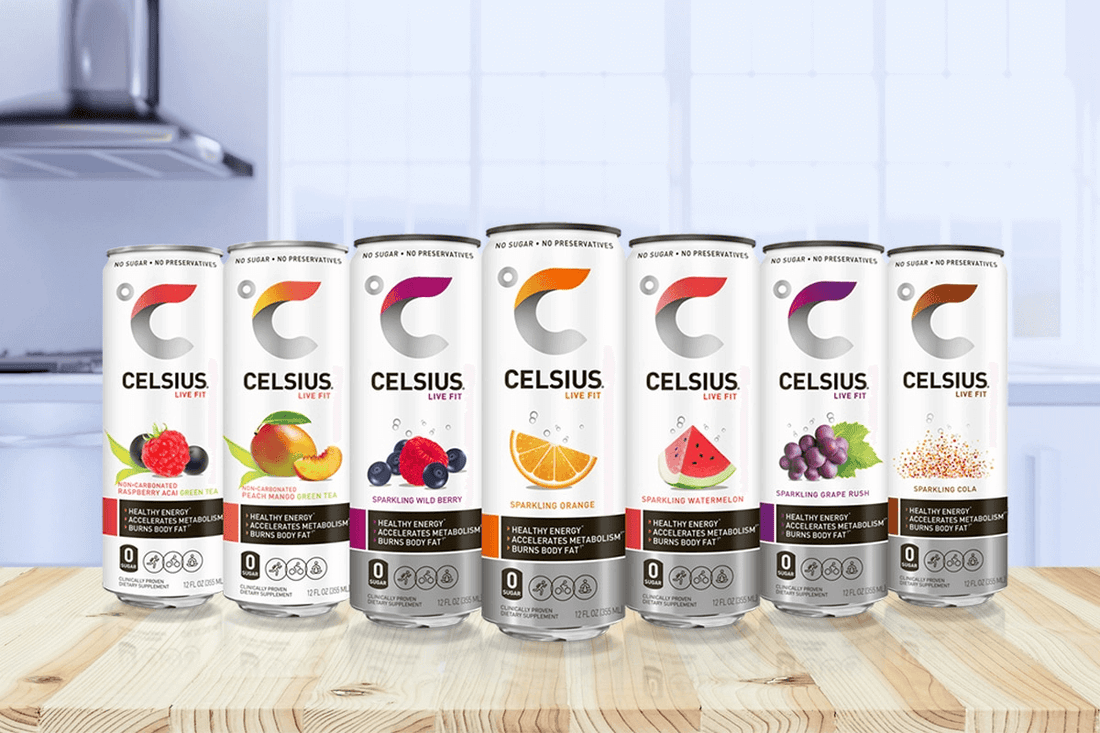 Cans of Celsius energy drinks