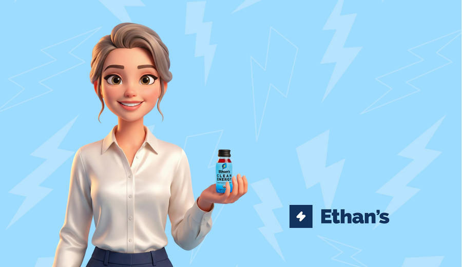 Woman holding Ethan's Clean Energy shot