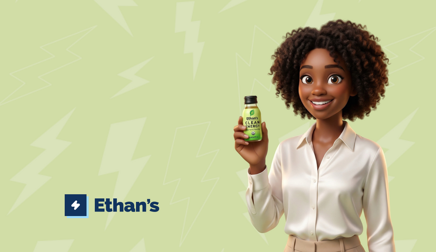 Woman holding Ethan's Clean Energy shot outdoors