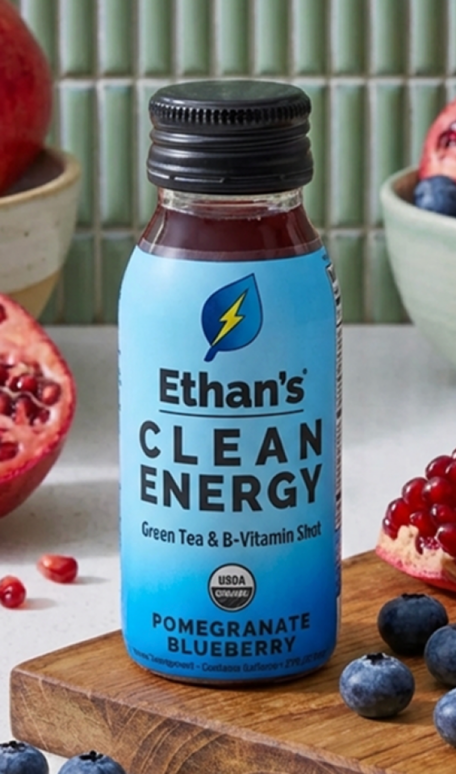 Ethan’s Clean Energy shot with pomegranate blueberry